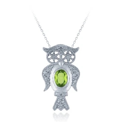 925 Silber .9ct Peridot & Diamant Akzent Eule Halskette, 45.7cm - Bild 1 von 4