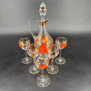 Vintage Bohemian Orange Floral Hand Painted Decanter Set w/Decanter & 5 Glasses - Picture 1 of 24