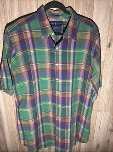 Vintage Ralph Lauren Herren XLT grün lila kariert Kurzarm Hemd mit Knopfleiste - Bild 1 von 8