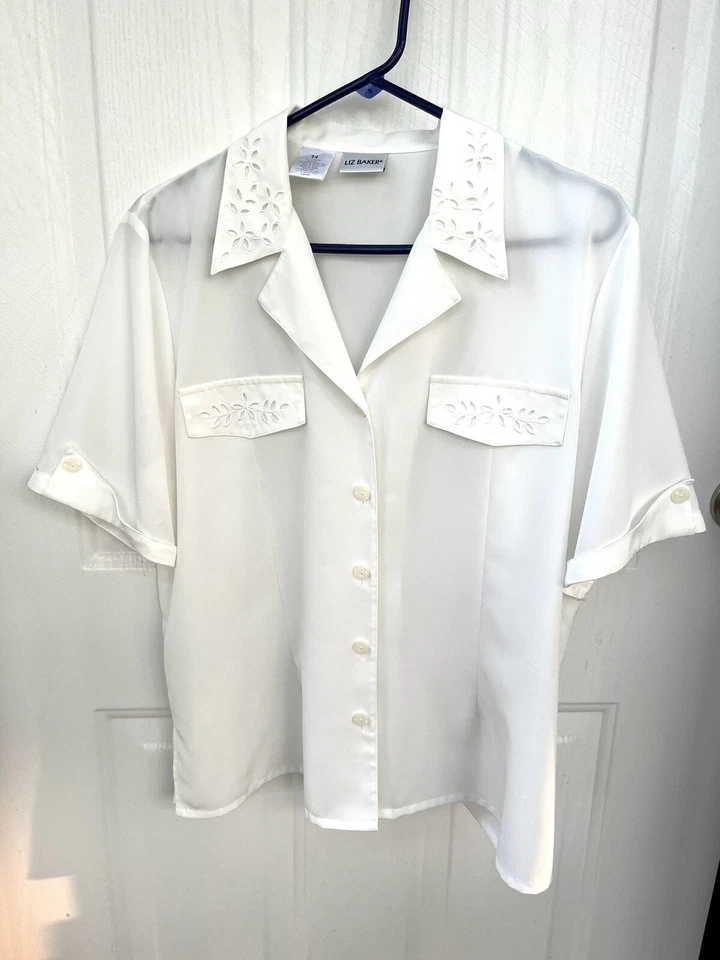 Blusa Liz Baker Blanca Talla 14 Bordada Encaje Elegante Botón Secretaria Foto 1 de 4