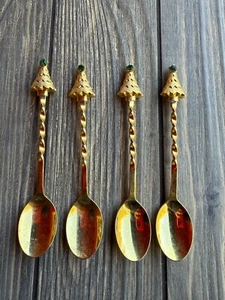 Set 4 Cucchiai Torti Vintage Tono Oro Manici Albero di Natale Giappone - Foto 1 di 7