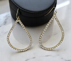 Rhinestone Teardrop Dangle Earrings Large Teardrop Gold Tone Elegant - Picture 1 of 6