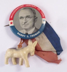 ORIGINAL Vtg 1949 HARRY S. TRUMAN INAUGURATION PIN BACK RIBBON & DONKEY CHARM - Picture 1 of 10