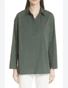 Lafayette 148 Beckett Henley blouse In Bottle Green Sz Large Cotton contemporary - Picture 1 of 8