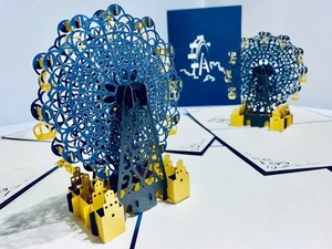 Origami Pop Cards Blue Ferris Wheel Happy Birthday 3D Handmade Pop Up Hand Made - Picture 1 of 9
