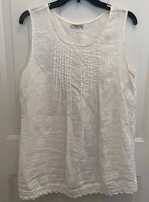 Top sin mangas Laura Bianchi para mujer L blanco encaje lino pintuck Italia casa de campo Foto 1 de 4