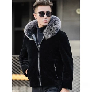 Giacca invernale uomo pelliccia di volpe sintetica collo cappuccio outwear zip casual cappotto caldo - Foto 1 di 8