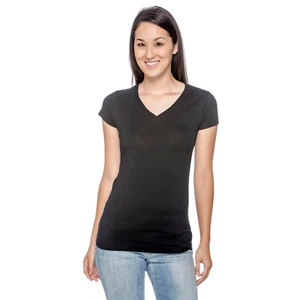 Ladies' Junior Fit V-Neck Fine Jersey Black T-Shirt NEW - Picture 1 of 3