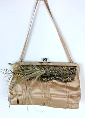 Vintage Lace and Beaded Rose Gold Satin Clutch Purse With Feathers Evening Prom - Image 1 of 4