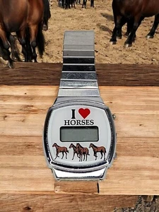 Reloj Digital I Love Horses Vintage Años 80 Banda Elástica Tono Plateado Hecho en China - Imagen 1 de 6