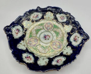 Floral Antique Hand Painted Plate : Cobalt Blue White Aqua Gold Color - Picture 1 of 14