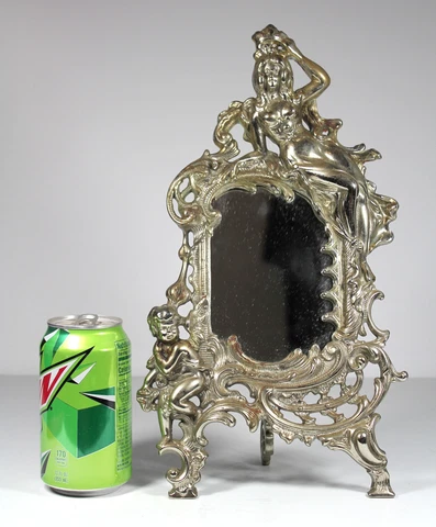 Antique SP? VICTORIAN LADY MIRROR Cherub Table Top Standing Picture Frame Iron Cover