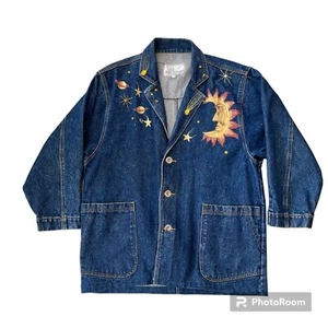Vtg 1980s Womens Hand Painted Sun And Moon Denim Jean Jacket Sz XXL? Boho Hippie - Picture 1 of 7