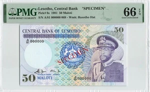 LESOTHO 50 Maloti 1981, P-8s Specimen Rare Highest Denom, PMG 66 EPQ Gem UNC - Picture 1 of 2