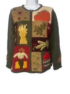 VTG Jones New York Wool Cardigan Embroidered Applique Harvest Autumn Pumpkin - Picture 1 of 15