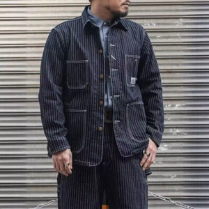 Giacca Ferroviaria Uomo Giacca a Righe Denim Giacca Cappotto da Lavoro Vintage Casual Coat - Foto 1 di 21