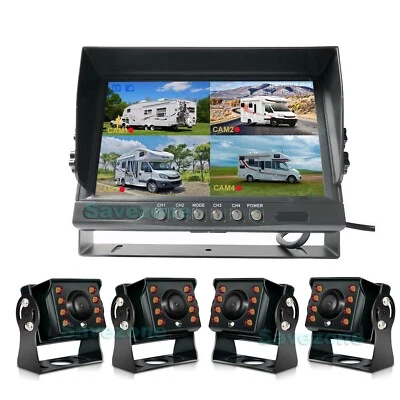 4x HD 1080P 8 LEDs Reversing Rear View Camera Kit + 9" IPS 4CH Split DVR Monitor - Image 1 of 4
