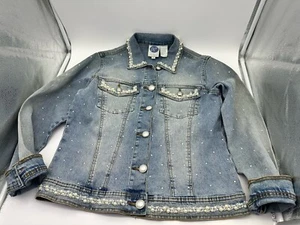 DG2 Diane Gilman Stretch Denim Pearl Rhinestones Embellished Jacket Size XS - Picture 1 of 16