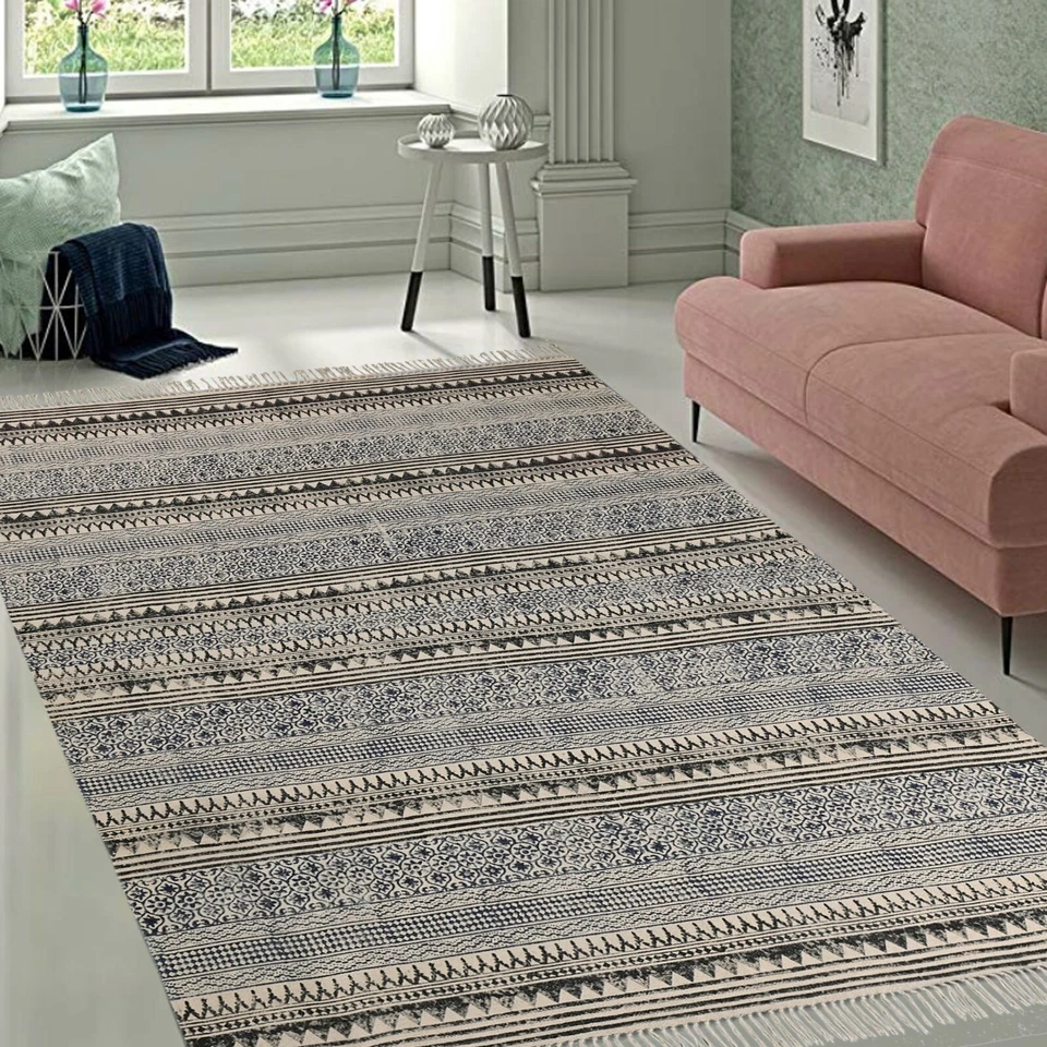 Cotton Printed Rugs, Indian Dhurrie, Organic vegetable dye, Handmade - Image 1 of 4