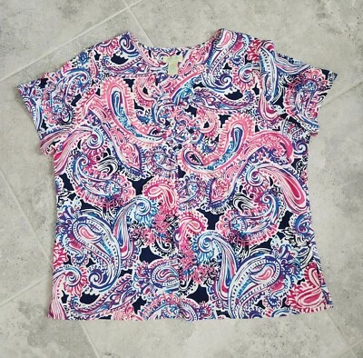 NEW Caribbean Joe WOMAN v-neck short-sleeve (2X) pink,blue,white paisley design - Image 1 of 4