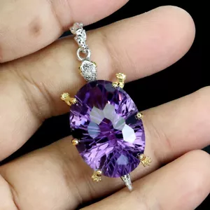 925 Pendente Argento Sterling Ovale Ametista 35ct Naturale Gemma Gioielli Fatto - Foto 1 di 14