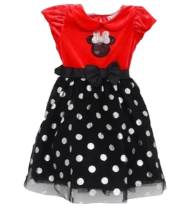 Disney Minnie Mouse Fluffy Velvet Red Silver Dots Flip Sequin Tutu Dress Girls 5 - Picture 1 of 6