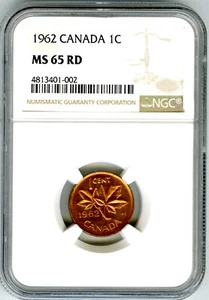 1962 CANADA CENT NGC MS 65RD BOOMERANG HANGING 2 DIE CLASH ERROR VARIETY PENNY - Picture 1 of 3