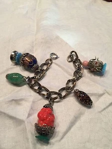 Vtg 60s molded art glass Chunky Charm Bracelet Silver Tone 5 Charms - Picture 1 of 7