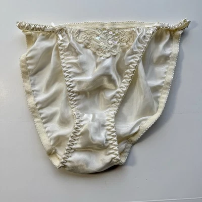 Vtg String Bikini Panties Second Skin Satin Bridal Hi Cut Shiny Bows M Intimates - Image 1 of 4