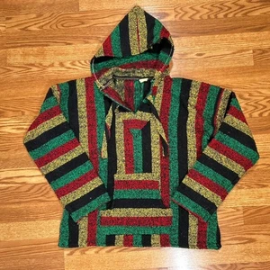 Vintage Artesania Baja Mexican Blanket Pullover Sweater Poncho Hoodie Tasche LESEN - Bild 1 von 14