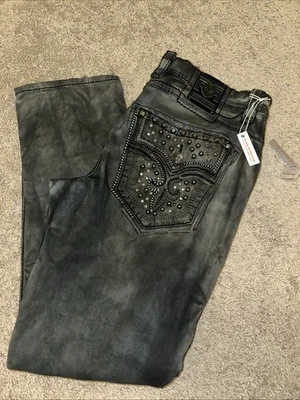 Jeans jeans Rock Revival Tiverton motociclista preto desgastado masculino tamanho 40x32 - Imagem 1 de 4