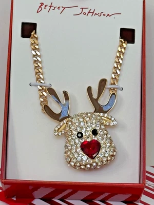 Collar Betsey Johnson Tono Dorado Pavé Estrás Rudolph Rojo Nariz Reno Nuevo en Caja Foto 1 de 4