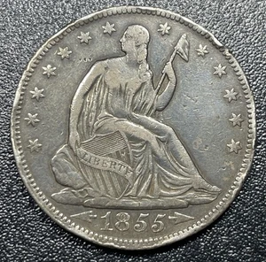 1855 sitzende Freiheit Half Dollar 50c bessere Erhaltung vz Details Rand Beulen - Bild 1 von 2