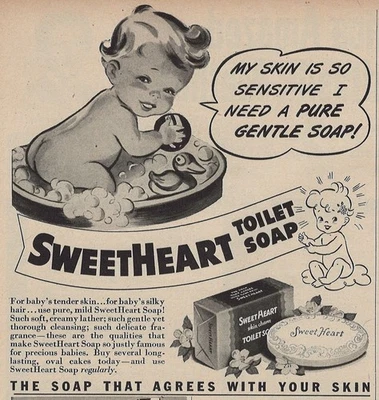 Jabón de inodoro SweetHeart anuncio impreso vintage 1943 limpiador de piel de bebé arte gráfico u Foto 1 de 4