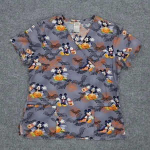Mickey Mouse Scrub Top Womens M Gray Disney Halloween Vampire Pumpkin Web - Picture 1 of 17
