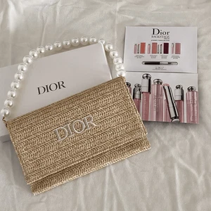 NIB Christian Dior Raffia Clutch Purse w/ Pearl Handle GWP Lip Samples Rattan - Picture 1 of 6