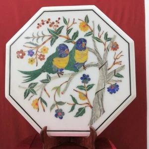 Bird Pattern Inlay Work Coffee Table Top White Marble Bedside Table for Bed Room - Picture 1 of 11