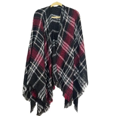 Вязаное одеяло в клетку пончо OS черное негабаритная зимняя шаль с кисточками старые деньги  - Изображение 1 из 4