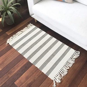 Throw Rug Boho 2' x 3', KIMODE Farmhouse Cotton Stripe Woven Small Washable Rug - Picture 1 of 7