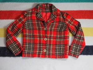 VTG 60s 70s Juniorite Red Tan Black Lined Plaid Wool Button Jacket Women PS - Picture 1 of 6