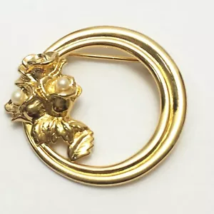 ROSE BOUQUET Faux Pearl Gold Tone Brooch, Pin, Costume Jewelry, w Gift Box - Picture 1 of 12