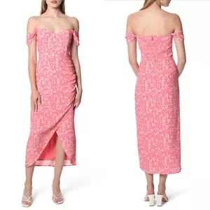 NWT WAYF Kennedy PINK FLORAL Crepe OFF THE SHOULDER Faux Wrap TULIP Midi DRESS S - Picture 1 of 9
