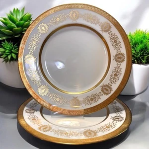 Coalport Bone China Lady Anne Set Of 2 Dinner Plates Gold Bands Scrolls England - Picture 1 of 7