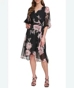 DKNY Floral Print Faux-Wrap Dress Size 16 Party Cocktail Wedding Dark Romantic - Picture 1 of 11
