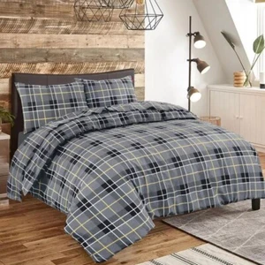 Reversible Tartan Duvet Quilt Cover Bedding Set Single Grey Check W/ Pillowcase - Picture 1 of 1