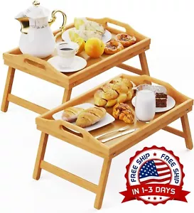 Mesa Tipo Bandeja De Bambú Con Patas Plegables Mesa De Desayuno En La Cama 2 PCS - Picture 1 of 9