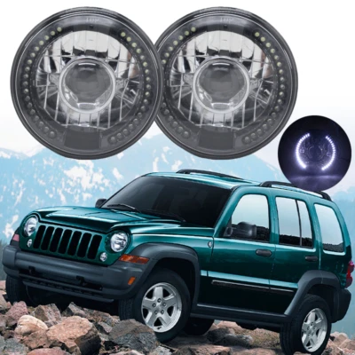 Par de faros LED blancos de 7 pulgadas con carcasa cromada halo para Jeep Liberty 2003-2007 Foto 1 de 4