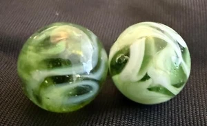 PAIR OF VINTAGE GREEN/WHITE WIRE PULL MARBLES .63" & .66"!! - Picture 1 of 5