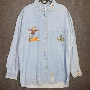 All Sport Shirt Men's XL Blue Graphic Print Button Up Fall Scarecrow Pumpkin 90s - Picture 1 of 9