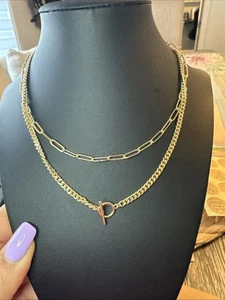 Woman 18K Gold Plated Stainless Steel Double Rings Charm Chain Necklace 17.7'' - Picture 1 of 6